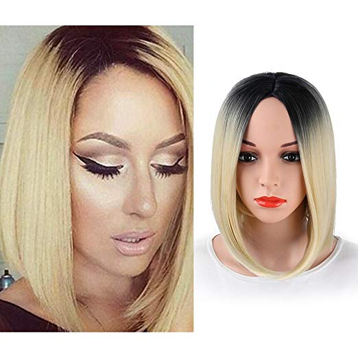 BARSDAR 14" Girl’s Short Ombre Bob Hair Wigs Straight Synthetic Colorful Halloween Cosplay Daily Party Wig for Women Natural Looking Heat Resistant As Real Hair-Black to Blonde